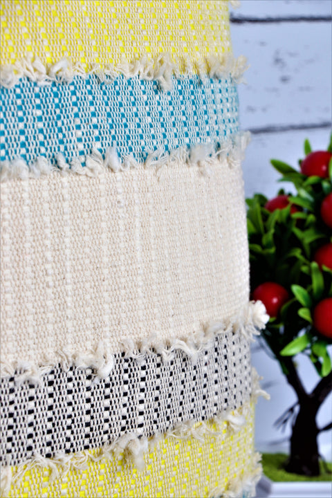 Tufted Texture Boho Off-White and Yellow Fringe Cushion Cover