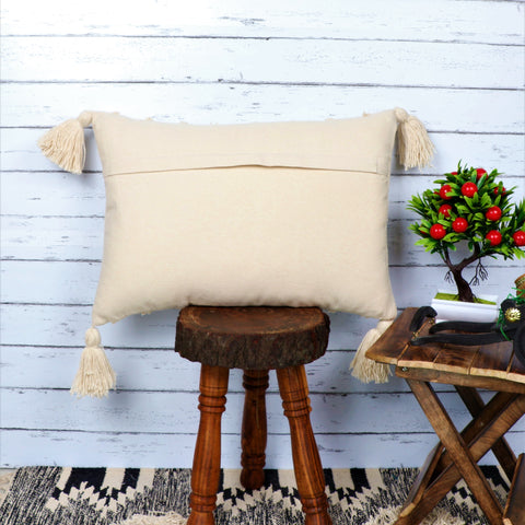 Hand Loom Woven Texture Boho Off-White and Off-White Fringe Cushion Cover