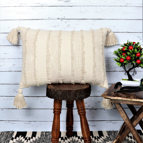 Hand Loom Woven Texture Boho Off-White and Off-White Fringe Cushion Cover