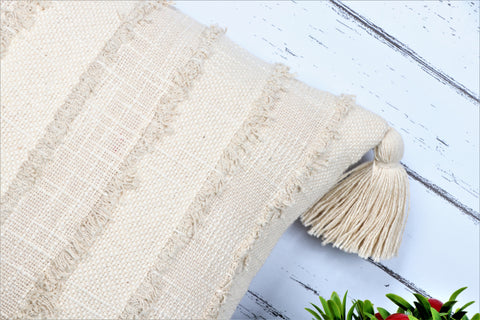 Hand Loom Woven Texture Boho Off-White and Off-White Fringe Cushion Cover