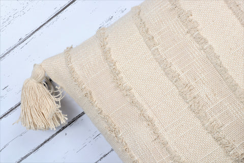 Hand Loom Woven Texture Boho Off-White and Off-White Fringe Cushion Cover