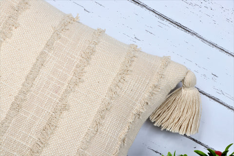 Hand Loom Woven Texture Boho Off-White and Off-White Fringe Cushion Cover