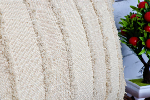 Hand Loom Woven Texture Boho Off-White and Off-White Fringe Cushion Cover