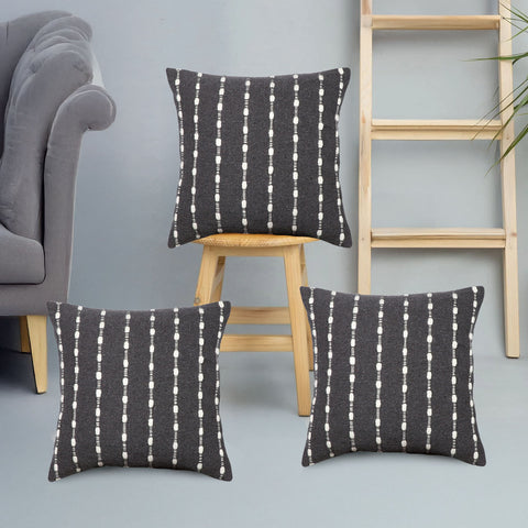 Set Of 3 Charcoal Blue Hand Crafted Chunky Loop Cotton Cushion Cover