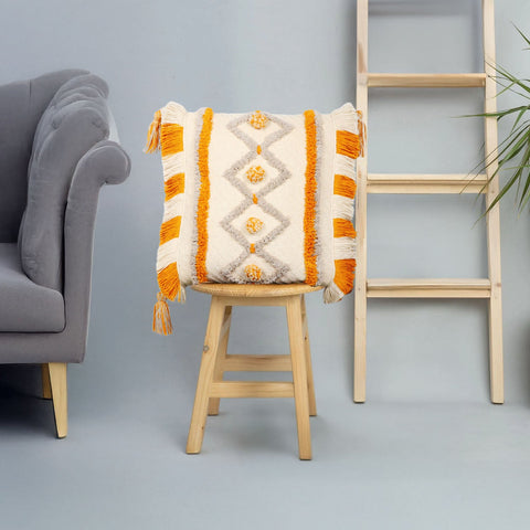 Set Of 2 Hand Tufted Texture Boho Off-White Yellow Stripe Cushion Cover