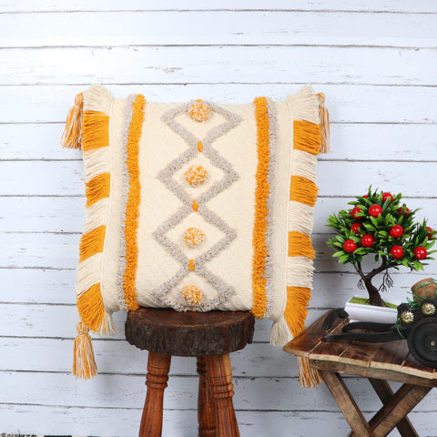 Hand Tufted Texture Boho Off-White and Yellow Stripe Cushion Cover