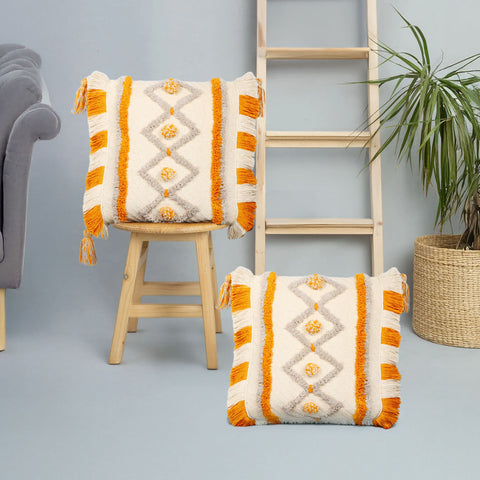 Set Of 2 Hand Tufted Texture Boho Off-White Yellow Stripe Cushion Cover