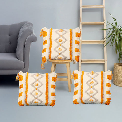 Set Of 3 Hand Tufted Texture Boho Off-White Yellow Stripe Cushion Cover