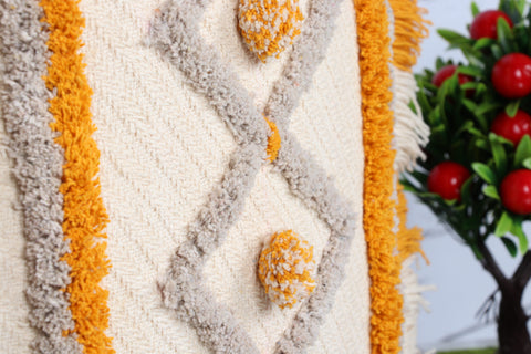 Set Of 2 Hand Tufted Texture Boho Off-White Yellow Stripe Cushion Cover