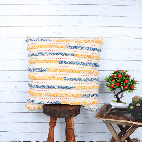 Hand Tufted Texture Boho Yellow and Blue Stripe Cushion Cover