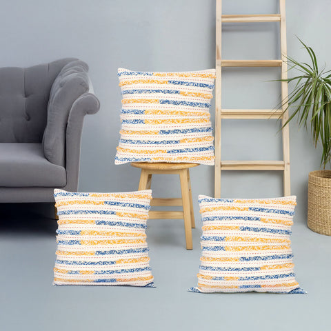 Set Of 3 Hand Tufted Texture Boho Yellow Blue Stripe Cushion Cover
