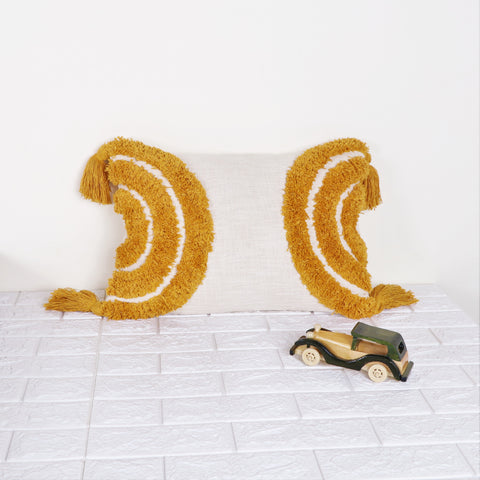Set Of 3 Tufted Texture Boho Ivory Yellow Fringe Cushion Cover