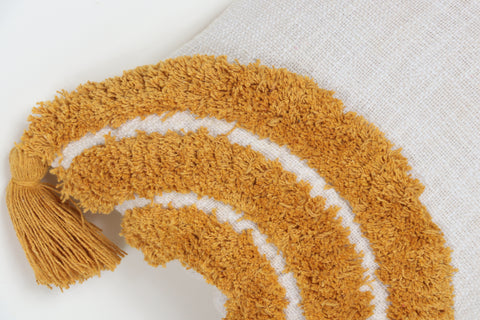 Set Of 3 Tufted Texture Boho Ivory Yellow Fringe Cushion Cover