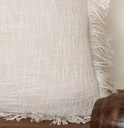 Hand Tufted Texture Boho Off-White and Off-White Fringe Cushion Cover