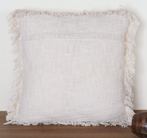 Hand Tufted Texture Boho Off-White and Off-White Fringe Cushion Cover