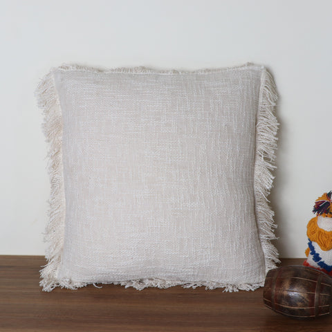 Hand Tufted Texture Boho Off-White and Off-White Fringe Cushion Cover