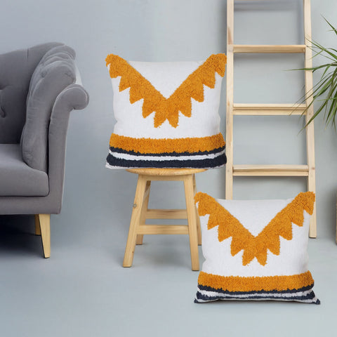 Set Of 2 Hand Tufted Texture Boho White Yellow Fringe Cushion Cover