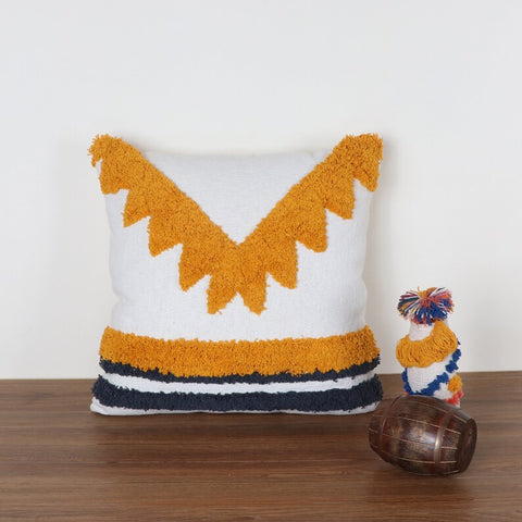 Hand Tufted Texture Boho White and Yellow Fringe Cushion Cover