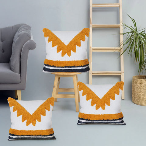 Set Of 3 Hand Tufted Texture Boho White Yellow Fringe Cushion Cover