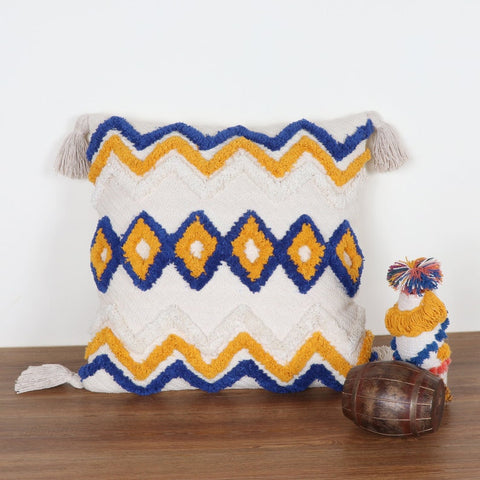 Hand Tufted Texture Boho Ivory and Blue Fringe Cushion Cover