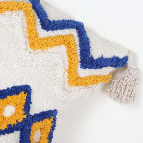 Hand Tufted Texture Boho Ivory and Blue Fringe Cushion Cover