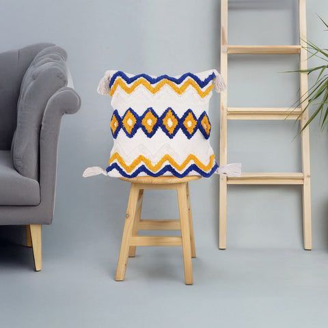 Hand Tufted Texture Boho Ivory and Blue Fringe Cushion Cover