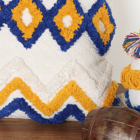 Hand Tufted Texture Boho Ivory and Blue Fringe Cushion Cover