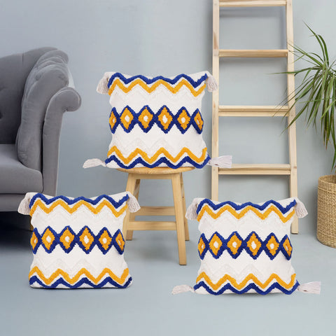 Set Of 3 Hand Tufted Texture Boho Ivory Blue Fringe Cushion Cover