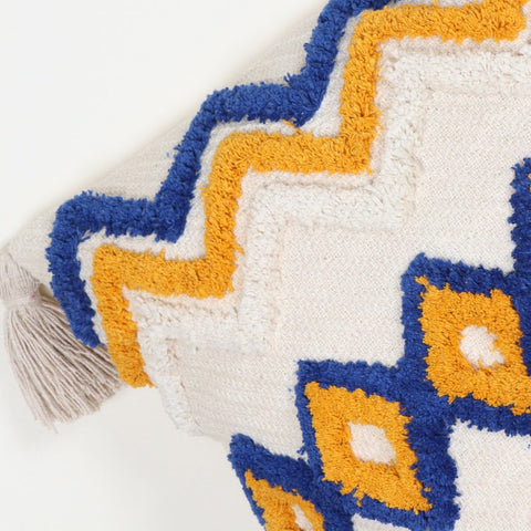 Hand Tufted Texture Boho Ivory and Blue Fringe Cushion Cover