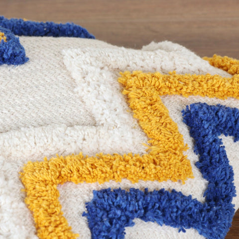 Hand Tufted Texture Boho Ivory and Blue Fringe Cushion Cover