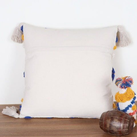 Hand Tufted Texture Boho Ivory and Blue Fringe Cushion Cover