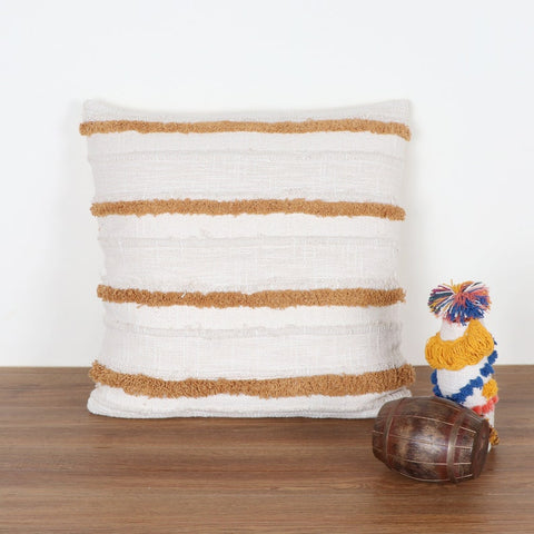 Hand Tufted Texture Boho Off-White and Mustard Yellow Fringe Cushion Cover