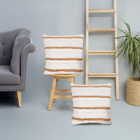 Set Of 2 Hand Tufted Texture Boho Off-White Mustard Yellow Fringe Cushion Cover