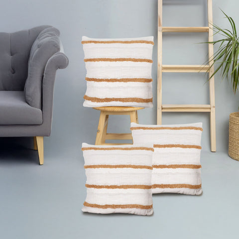 Set Of 3 Hand Tufted Texture Boho Off-White Mustard Yellow Fringe Cushion Cover