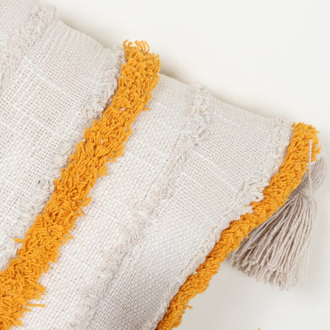 Set Of 2 Hand Tufted Texture Boho Off-White Mustard Yellow Fringe Cushion Cover
