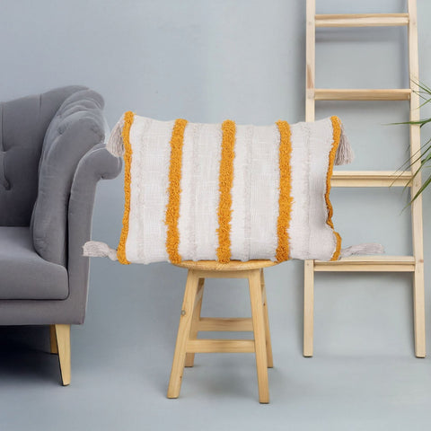 Set Of 2 Hand Tufted Texture Boho Off-White Mustard Yellow Fringe Cushion Cover