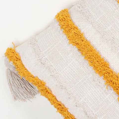 Set Of 2 Hand Tufted Texture Boho Off-White Mustard Yellow Fringe Cushion Cover