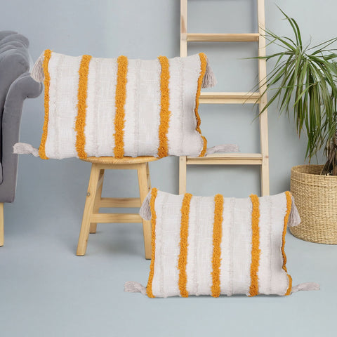 Set Of 2 Hand Tufted Texture Boho Off-White Mustard Yellow Fringe Cushion Cover