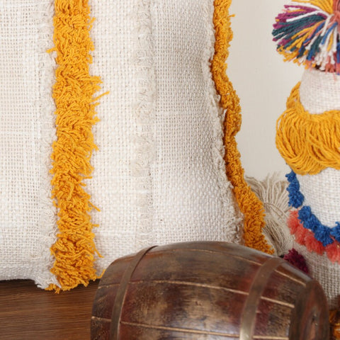 Set Of 2 Hand Tufted Texture Boho Off-White Mustard Yellow Fringe Cushion Cover
