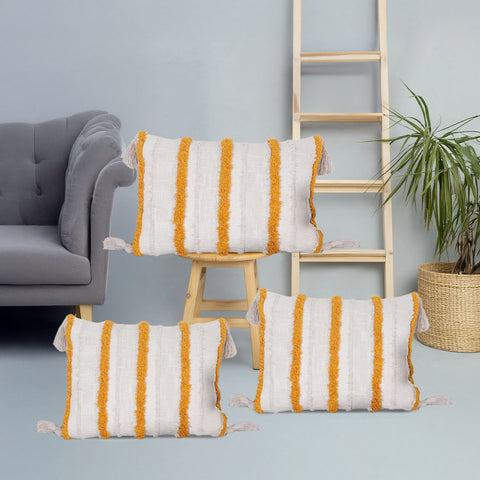 Set Of 3 Hand Tufted Texture Boho Off-White Mustard Yellow Fringe Cushion Cover