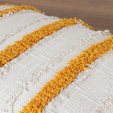 Set Of 2 Hand Tufted Texture Boho Off-White Mustard Yellow Fringe Cushion Cover