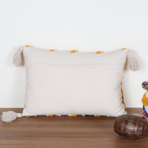 Set Of 2 Hand Tufted Texture Boho Off-White Mustard Yellow Fringe Cushion Cover