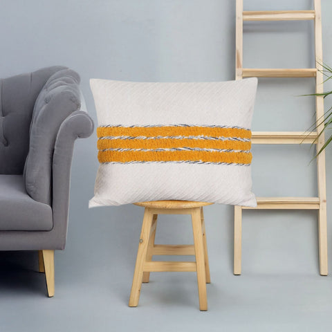 Set Of 3 Hand Tufted Texture Boho Ivory Mustard Yellow Fringe Cushion Cover
