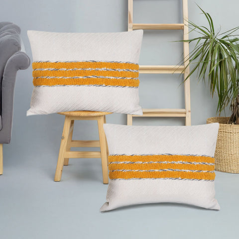 Set Of 2 Hand Tufted Texture Boho Ivory Mustard Yellow Fringe Cushion Cover