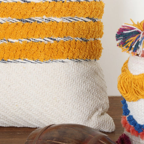 Set Of 3 Hand Tufted Texture Boho Ivory Mustard Yellow Fringe Cushion Cover
