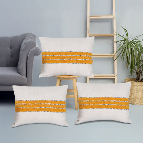 Set Of 3 Hand Tufted Texture Boho Ivory Mustard Yellow Fringe Cushion Cover