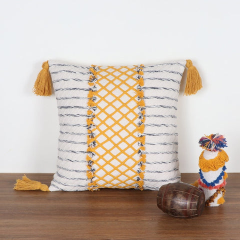 Hand Tufted Texture Boho Off-White and Yellow Fringe Cushion Cover