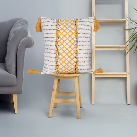 Hand Tufted Texture Boho Off-White and Yellow Fringe Cushion Cover