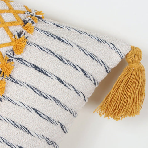 Hand Tufted Texture Boho Off-White and Yellow Fringe Cushion Cover