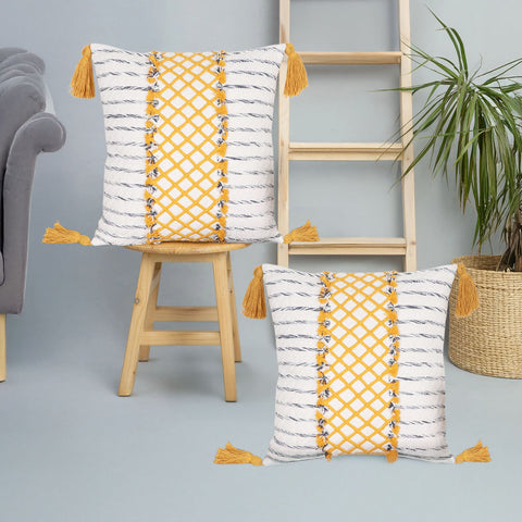 Set Of 2 Hand Tufted Texture Boho Off-White Yellow Fringe Cushion Cover